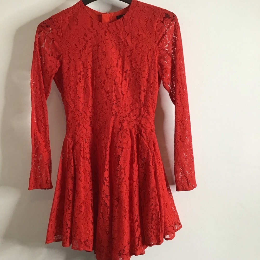 H&M Red Long Sleeve Lace Fit-and-Flare Dress